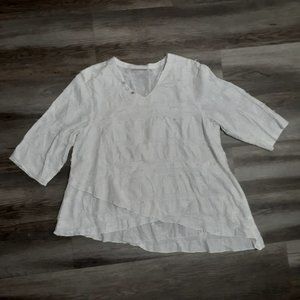 LuLu-B White Embroidered Angled Hem Tunic 3/4 Sleeve V-Neck Extra Large.